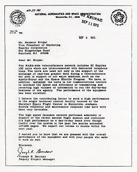 img:Letter of thanks received from NASA (National Aeronautics and Space Administration) (September, 1975)