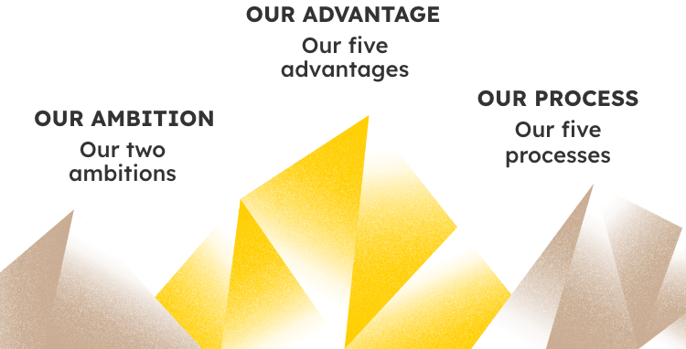 Three mountains represent our ambitions, advantages, and processes.