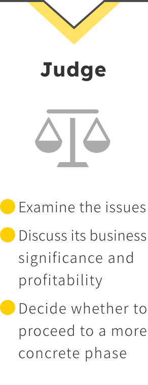 Judge. The issue is examined, and its business significance and profitability are discussed. A decision is then made on whether or not to proceed to a more concrete phase. 